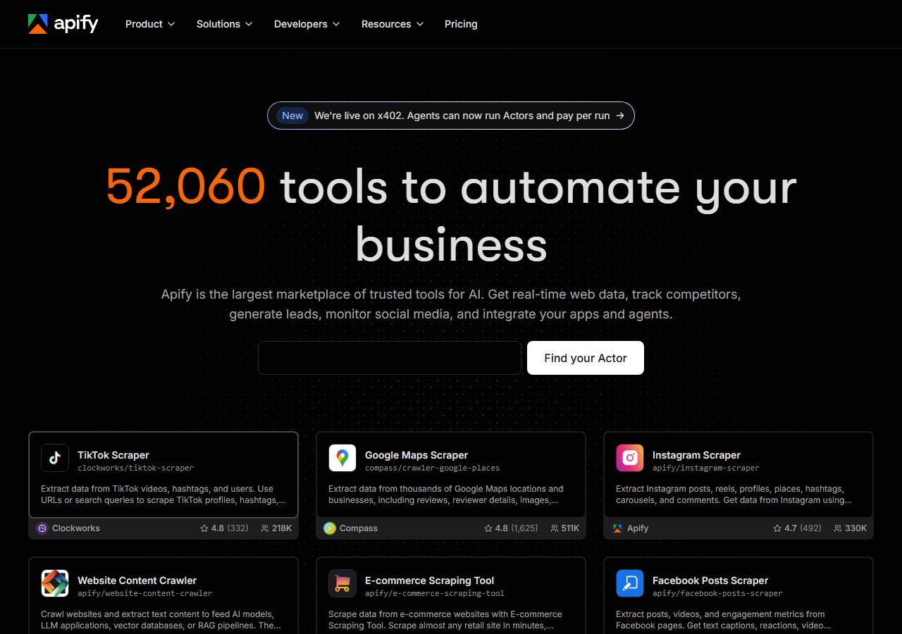 Apify homepage - Google Play scraper actors